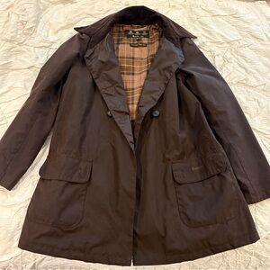 Barbour Dark Brown Waxed Trench Coat with Tartan Lining